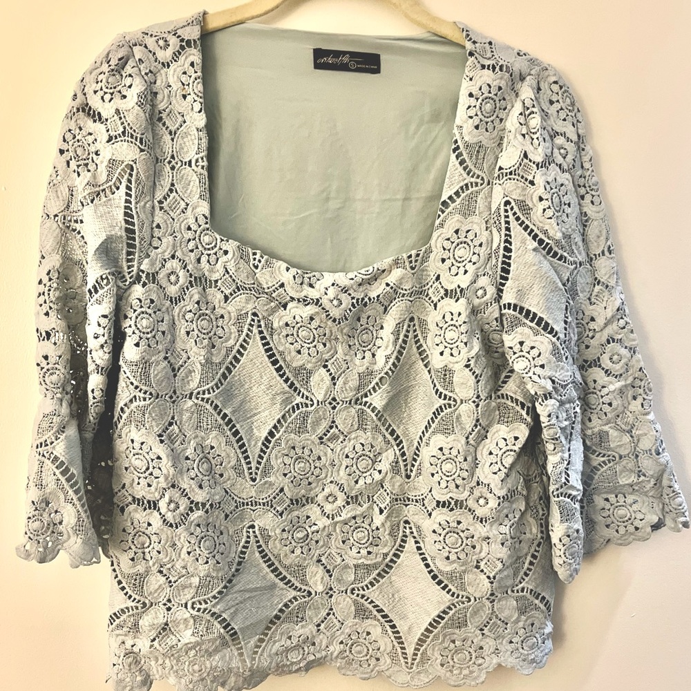 NWOT. Light Blue Lace knit top with square neck and 3/4 sleeves. Size S.